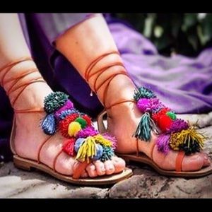 Zara Pom Pom Leather Sandals Multicolor